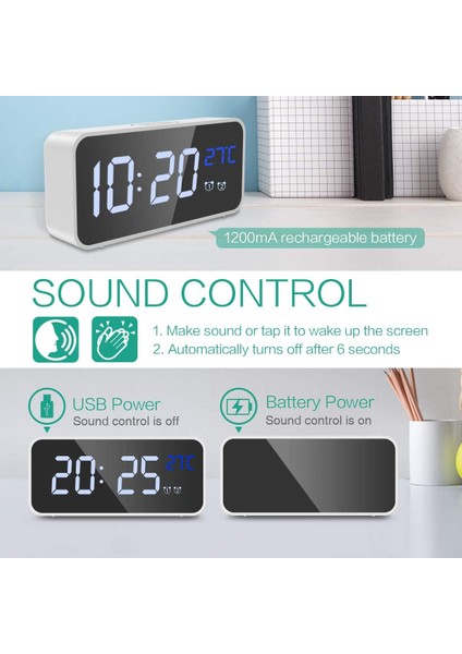 Dijital Çalar Saat, Ayna LED Müzikli Dijital Saat, Ses Kontrolü, 4 Ayarlanabilir Parlaklık, Çift Alarm, Sıcaklık, Erteleme, Yatak Odası, Başucu, Ofis, Çocuklar, Yaşlılar Için USB Ş (Yurt Dışından) modelleri