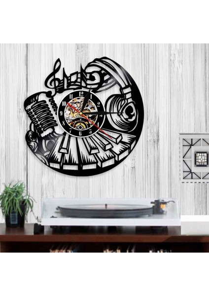 Müzik Vinil Kayıt Duvar Saati - Mikrofon Kesim Desenli Vinil Duvar Saati - Vinil Saat - Oturma Odası Duvar Dekoru - Müzik Aşığı Için Benzersiz Hediyeler (Yurt Dışından)