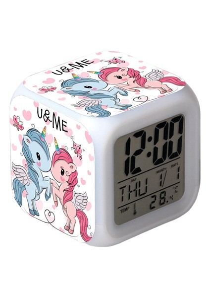 Unicorn Renkli Çalar Saat LED Kare Saat Zaman, Sıcaklık, Alarm, Tarih ile Dijital Çalar Saat (Yurt Dışından)