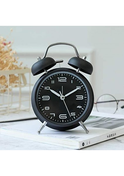 4 Inç Ikiz Zil Çalar Saat, Arkadan Aydınlatmalı, Sessiz Geçmeyen, Pille Çalışan, Yüksek Sesle Uyandırma Alarm Saati (Siyah) (Yurt Dışından)