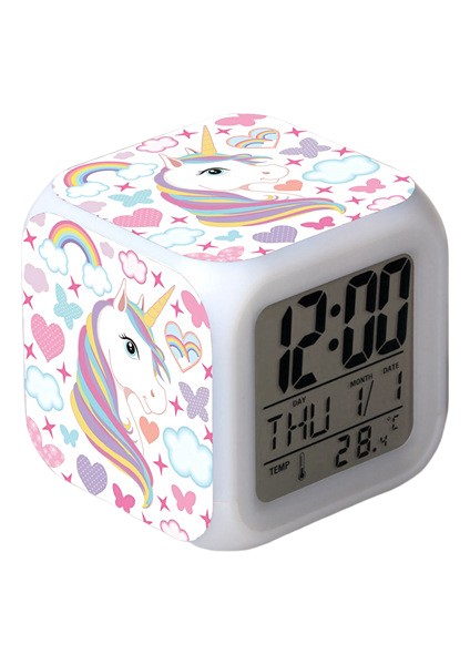Unicorn Renkli Çalar Saat LED Kare Saat Zaman, Sıcaklık, Alarm, Tarih ile Dijital Çalar Saat (Yurt Dışından)