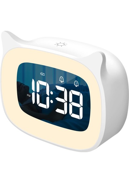Gece Işığı Kademesiz Karartma ile Çocuk Çalar Saat, Erkekler ve Kızlar Için Sevimli Kedi Kulak Dijital Saat, 5 Dakika Alarm, Çocukları Uyandırmak Için Tamam (Beyaz) (Yurt Dışından)