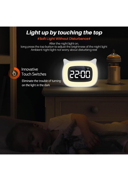 Gece Işığı Kademesiz Karartma ile Çocuk Çalar Saat, Erkekler ve Kızlar Için Sevimli Kedi Kulak Dijital Saat, 5 Dakika Alarm, Çocukları Uyandırmak Için Tamam (Beyaz) (Yurt Dışından)