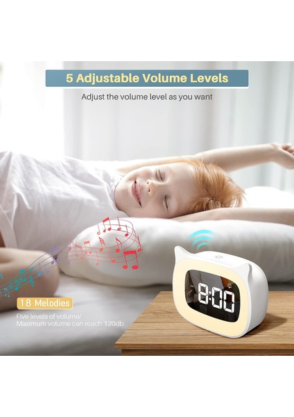 Gece Işığı Kademesiz Karartma ile Çocuk Çalar Saat, Erkekler ve Kızlar Için Sevimli Kedi Kulak Dijital Saat, 5 Dakika Alarm, Çocukları Uyandırmak Için Tamam (Beyaz) (Yurt Dışından)