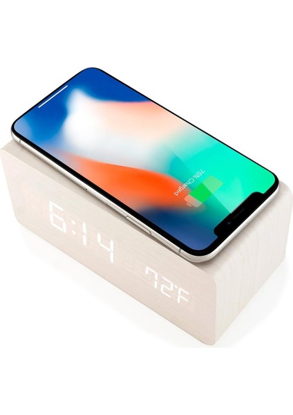 Qi Kablosuz Şarj Pedli Ahşap Çalar Saat iPhone Samsung Ahşap LED Dijital Saat Ses Kontrol Fonksiyonu, Zaman Tarihi, Yatak Odası Ofis Ev Için Sıcaklık Göstergesi - Beyaz (Yurt Dışından)