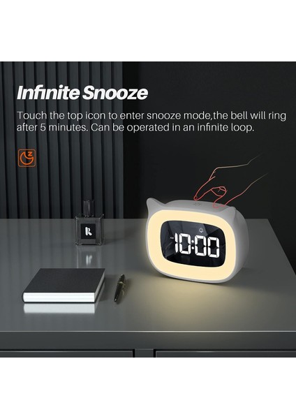 Gece Işığı Kademesiz Karartma ile Çocuk Çalar Saat, Erkekler ve Kızlar Için Sevimli Kedi Kulak Dijital Saat, 5 Dakika Alarm, Çocukları Uyandırmak Için Tamam (Beyaz) (Yurt Dışından)