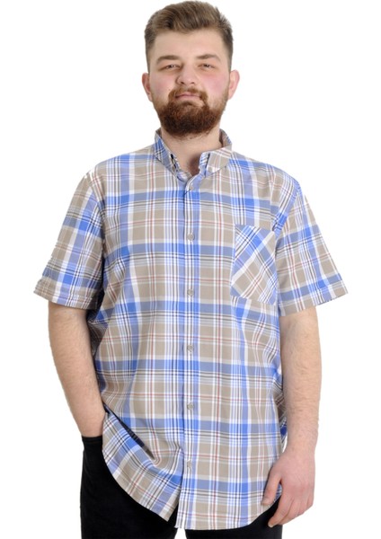 Büyük Beden Erkek Gömlek Ekose Kısa Kollu 23301 Kum