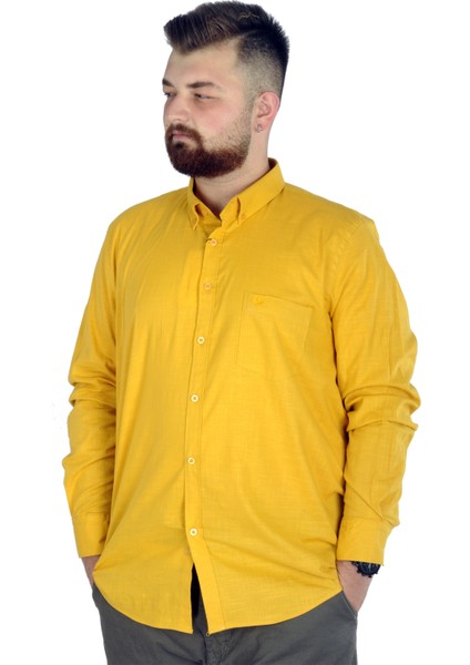 Büyük Beden Erkek Keten Cepli Gömlek 20386 Hardal
