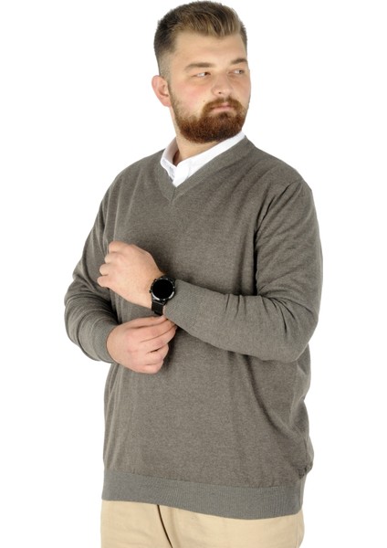 Büyük Beden Kazak V Yaka 22206 Sütlü Kahve