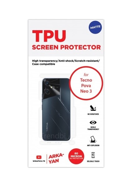Tecno Pova Neo 3 Mat Arka ve Yan Koruyucu Tpu Film fiyatları