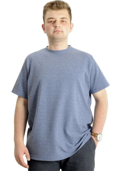 Büyük Beden Erkek T-Shirt Bisiklet Yaka Waffle 20033 Koyu Mavi