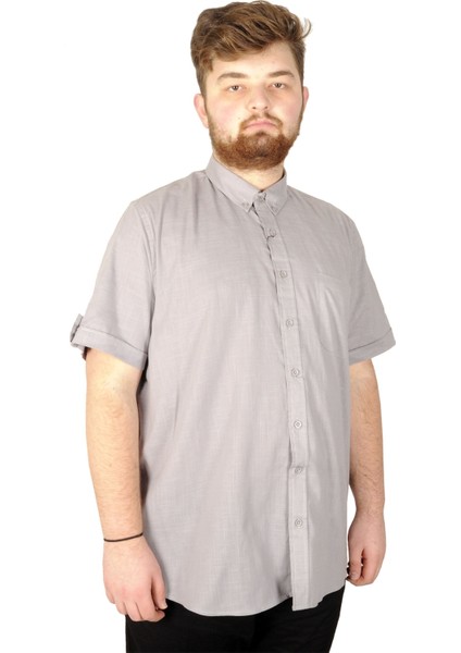 Büyük Beden Erkek Keten Likralı Cepli Gömlek 20389 Günlük Stil Kısa Kol Desenli