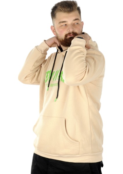 Büyük Beden Erkek Sweatshirt Kapşonlu Kanguru Revival 22545 Bej modelleri