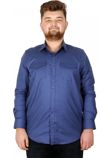 Erkek Gömlek Ukol Gabardin Çift Cep 20360 Indigo