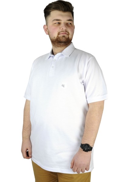 Battal Beden Erkek Tshirt Polo Yaka Nakışlı Klasik Pike 20553 Beyaz