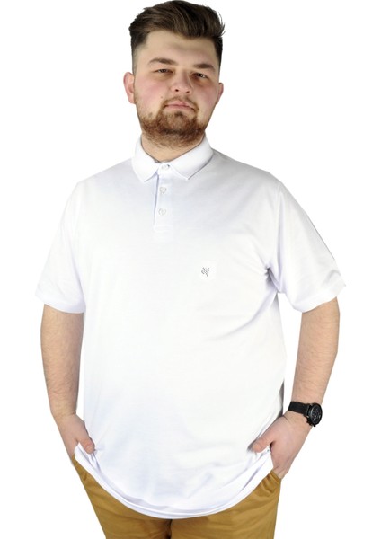 Battal Beden Erkek Tshirt Polo Yaka Nakışlı Klasik Pike 20553 Beyaz modelleri