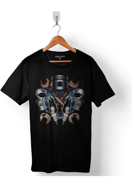 Kuru Kafa Skull Anahtar Piston Buji Sanayi Tamirat Baskılı Tişört T-Shirt