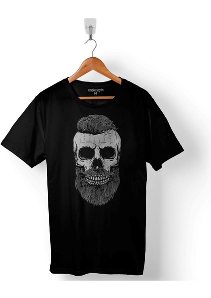 Skull Kuru Kafa Sakal Bıyık Korsan Silüet Tasarım Baskılı Tişört Unisex T-Shirt