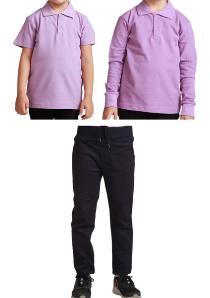 Unisex Çocuk Ribana Bel Keten Okul Pantolonu + Polo Yaka Kısa ve Uzun Kol T-Shirt