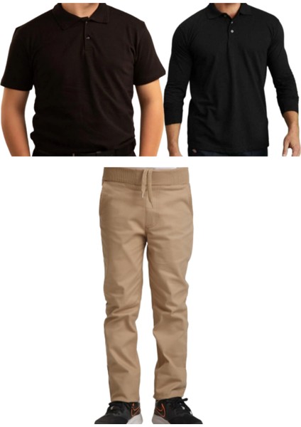 Unisex Çocuk Ribana Bel Keten Okul Pantolonu + Polo Yaka Kısa ve Uzun Kol T-Shirt