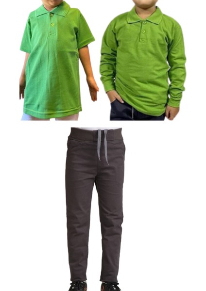 Unisex Çocuk Ribana Bel Keten Okul Pantolonu + Polo Yaka Kısa ve Uzun Kol T-Shirt