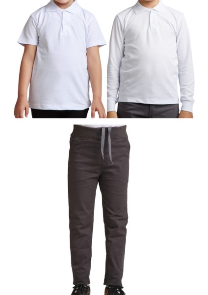 Unisex Çocuk Ribana Bel Keten Okul Pantolonu + Polo Yaka Kısa ve Uzun Kol T-Shirt