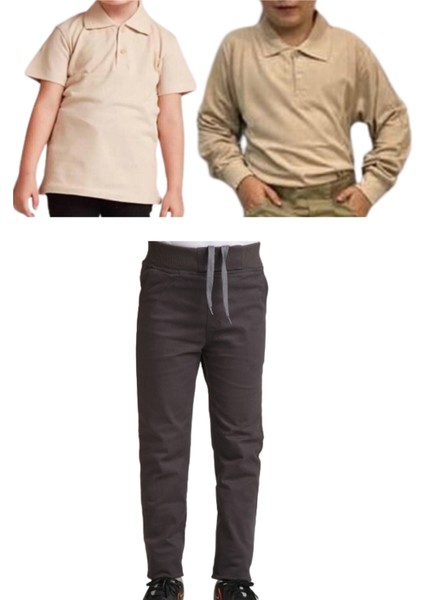 Unisex Çocuk Ribana Bel Keten Okul Pantolonu + Polo Yaka Kısa ve Uzun Kol T-Shirt