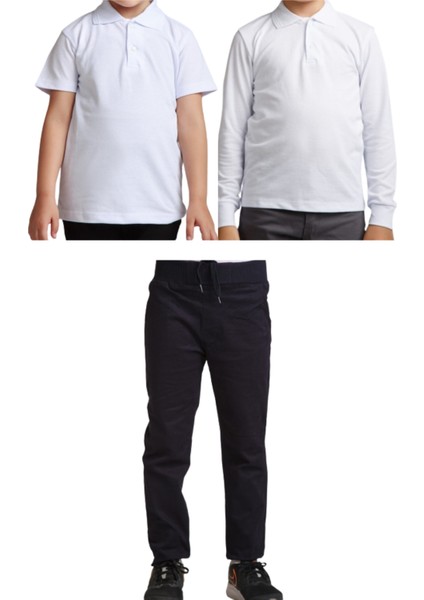 Unisex Çocuk Ribana Bel Keten Okul Pantolonu + Polo Yaka Kısa ve Uzun Kol T-Shirt