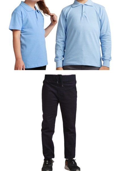 Unisex Çocuk Ribana Bel Keten Okul Pantolonu + Polo Yaka Kısa ve Uzun Kol T-Shirt