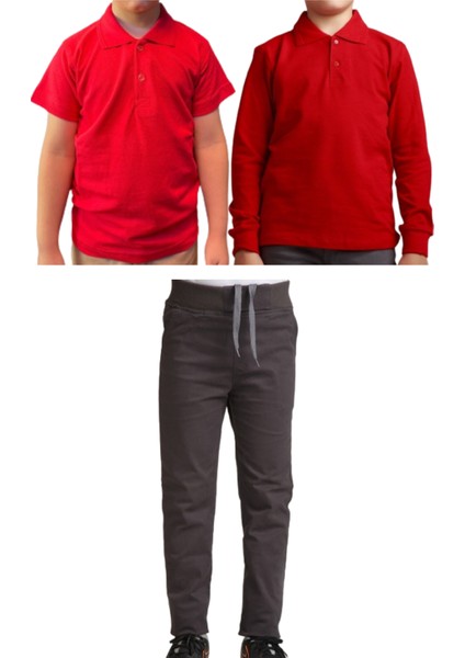 Unisex Çocuk Ribana Bel Keten Okul Pantolonu + Polo Yaka Kısa ve Uzun Kol T-Shirt