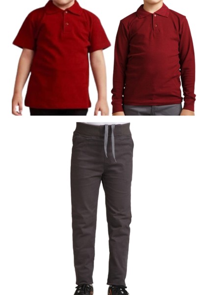 Unisex Çocuk Ribana Bel Keten Okul Pantolonu + Polo Yaka Kısa ve Uzun Kol T-Shirt