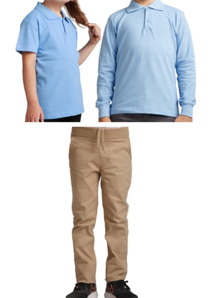 Unisex Çocuk Ribana Bel Keten Okul Pantolonu + Polo Yaka Kısa ve Uzun Kol T-Shirt