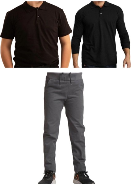 Unisex Çocuk Ribana Bel Keten Okul Pantolonu + Polo Yaka Kısa ve Uzun Kol T-Shirt