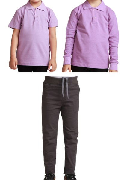 Unisex Çocuk Ribana Bel Keten Okul Pantolonu + Polo Yaka Kısa ve Uzun Kol T-Shirt