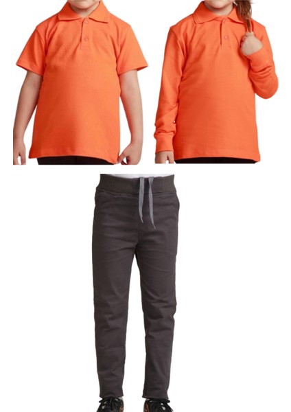 Unisex Çocuk Ribana Bel Keten Okul Pantolonu + Polo Yaka Kısa ve Uzun Kol T-Shirt