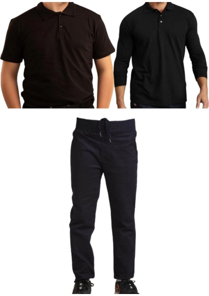 Unisex Çocuk Ribana Bel Keten Okul Pantolonu + Polo Yaka Kısa ve Uzun Kol T-Shirt