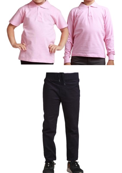 Unisex Çocuk Ribana Bel Keten Okul Pantolonu + Polo Yaka Kısa ve Uzun Kol T-Shirt