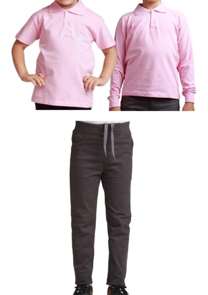 Unisex Çocuk Ribana Bel Keten Okul Pantolonu + Polo Yaka Kısa ve Uzun Kol T-Shirt