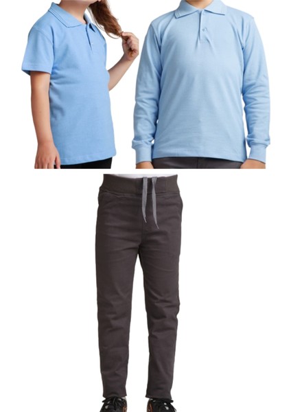 Unisex Çocuk Ribana Bel Keten Okul Pantolonu + Polo Yaka Kısa ve Uzun Kol T-Shirt
