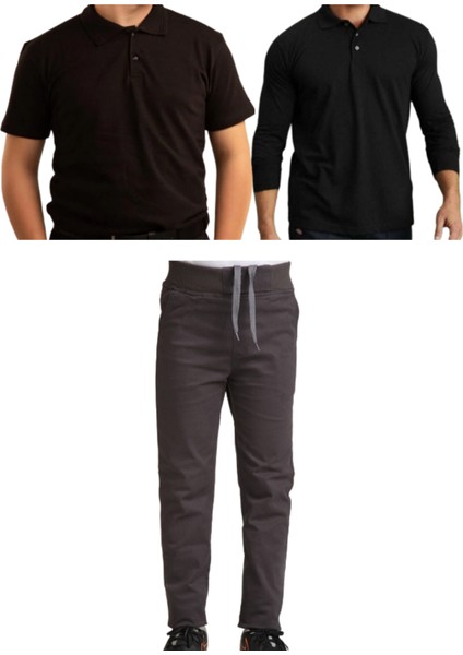 Unisex Çocuk Ribana Bel Keten Okul Pantolonu + Polo Yaka Kısa ve Uzun Kol T-Shirt