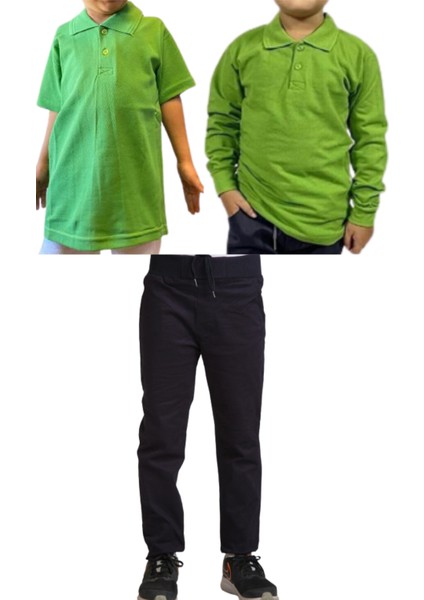 Unisex Çocuk Ribana Bel Keten Okul Pantolonu + Polo Yaka Kısa ve Uzun Kol T-Shirt