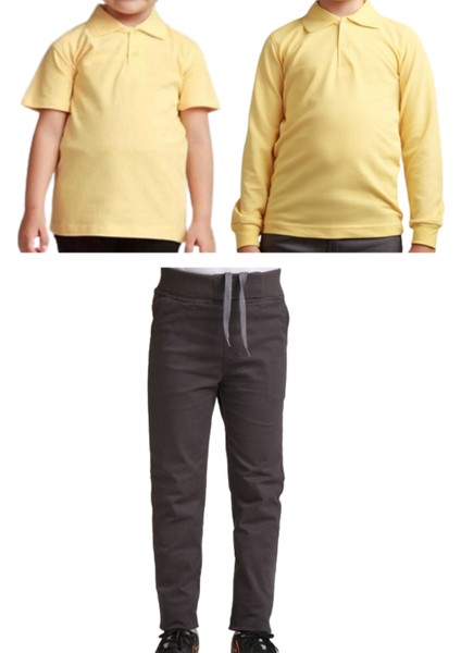 Unisex Çocuk Ribana Bel Keten Okul Pantolonu + Polo Yaka Kısa ve Uzun Kol T-Shirt