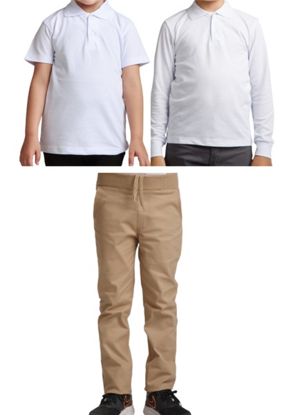 Unisex Çocuk Ribana Bel Keten Okul Pantolonu + Polo Yaka Kısa ve Uzun Kol T-Shirt
