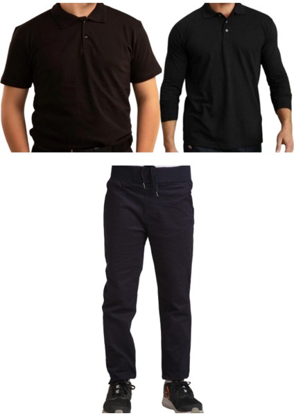 Unisex Çocuk Ribana Bel Keten Okul Pantolonu + Polo Yaka Kısa ve Uzun Kol T-Shirt