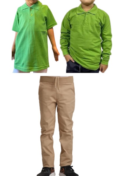 Unisex Çocuk Ribana Bel Keten Okul Pantolonu + Polo Yaka Kısa ve Uzun Kol T-Shirt