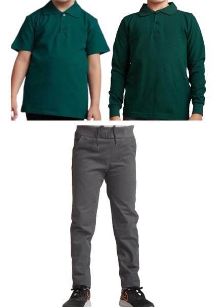 Unisex Çocuk Ribana Bel Keten Okul Pantolonu + Polo Yaka Kısa ve Uzun Kol T-Shirt