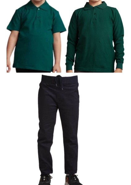 Unisex Çocuk Ribana Bel Keten Okul Pantolonu + Polo Yaka Kısa ve Uzun Kol T-Shirt