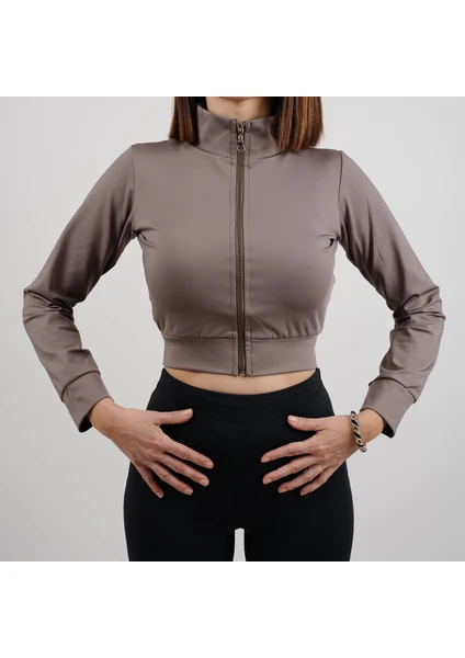 Parla Sports Sweatshirt Crop Uzun Kollu Önden Fermuarlı