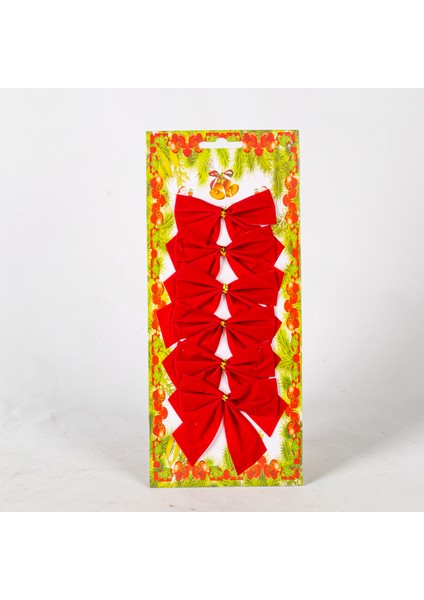 Yılbaşı Süsü Askılı Fiyonk 6'lı Paket Kırmızı 9x6 Cm.