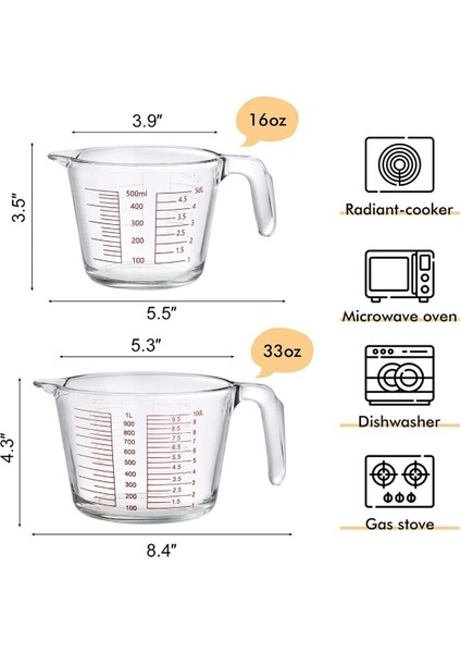 Kulplu Cam Beher 500mL - Isıya Dayanıklı Ölçü Kabı - 5 Adetlik Toptan Set